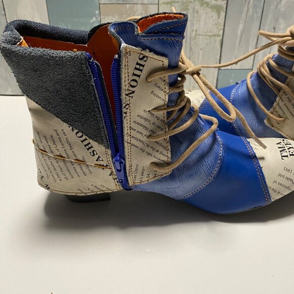 Unique Newspaper Print & Blue PU Leather Ankle Boots Size 9 - Picture 6 of 11